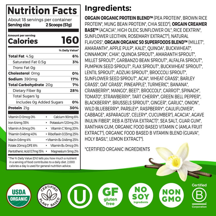 Orgain Organic Protein + Superfoods Vegan Plant Based Powder - Vanilla Bean - 32.3oz