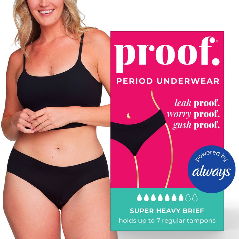 Proof. by Always Women's Briefs, Super Heavy Absorbency Period Underwear - Large - Black
