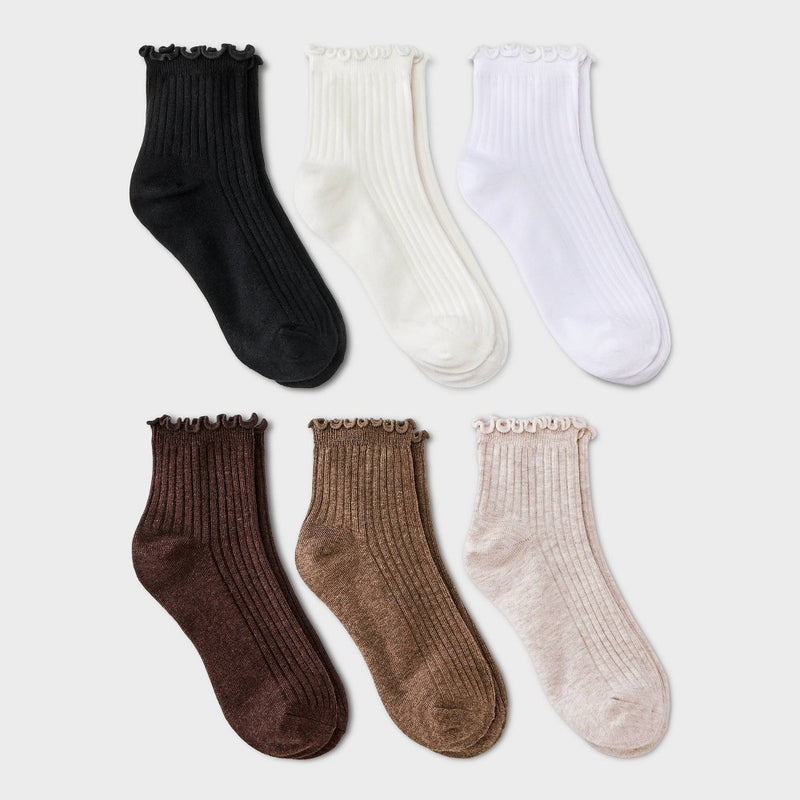 Women's Lettuce Edge 6pk Ankle Socks - A New Day Ivory/Tan/Black 4-10