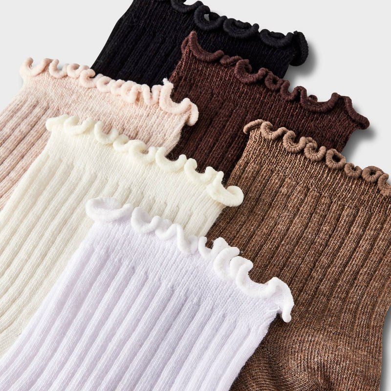 Women's Lettuce Edge 6pk Ankle Socks - A New Day Ivory/Tan/Black 4-10
