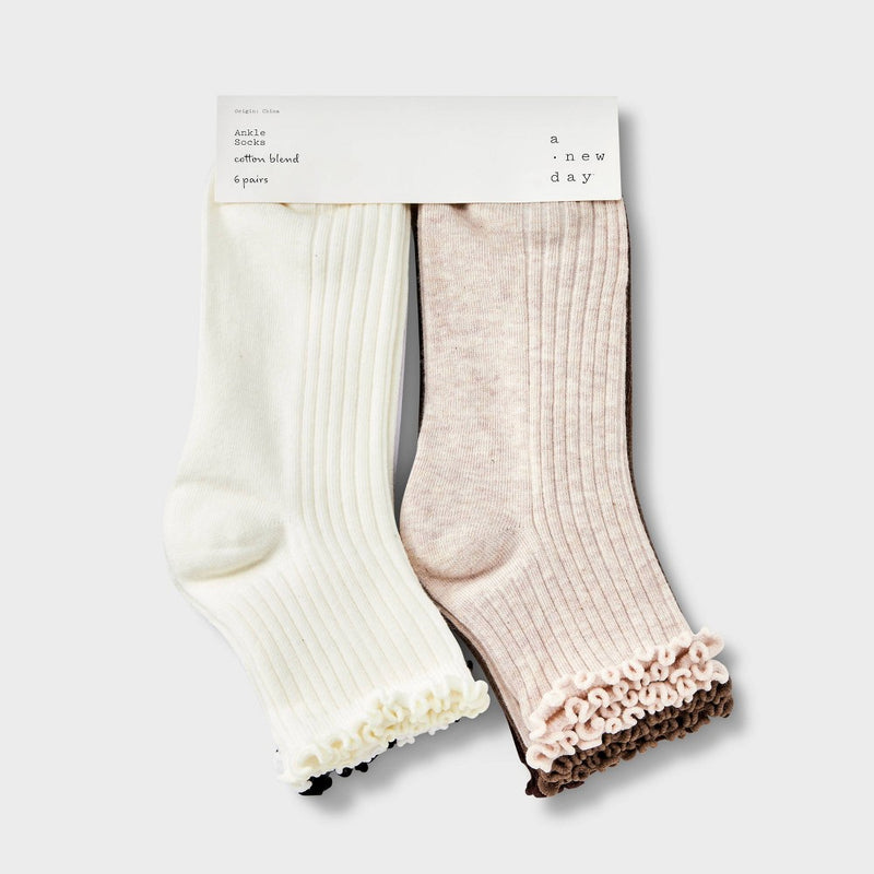 Women's Lettuce Edge 6pk Ankle Socks - A New Day Ivory/Tan/Black 4-10