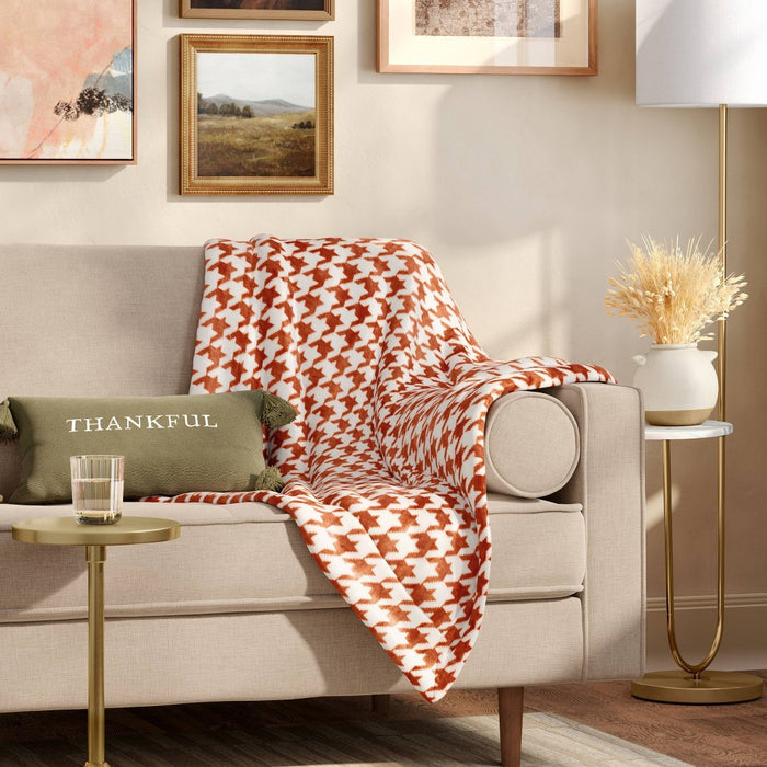 Printed Plush Houndstooth Throw with Faux Shearling Reverse Soft Orange/Cream - Threshold