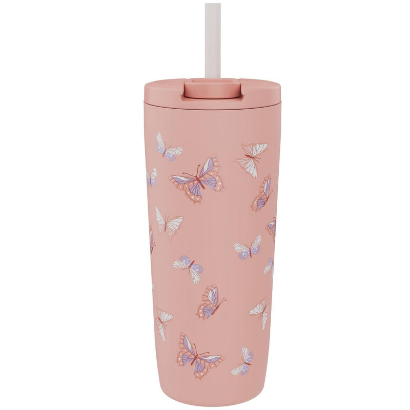 Zak Designs 20 fl oz Stainless Steel Butterfly Print Straw Tumbler Purple
