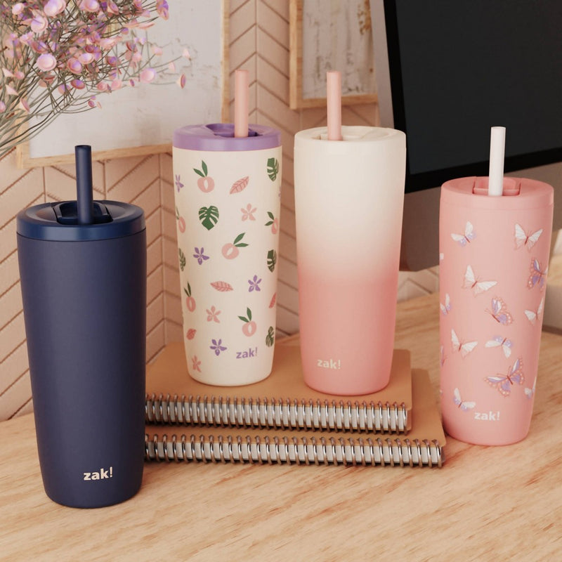Zak Designs 20 fl oz Stainless Steel Butterfly Print Straw Tumbler Purple