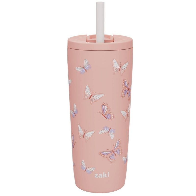 Zak Designs 20 fl oz Stainless Steel Butterfly Print Straw Tumbler Purple