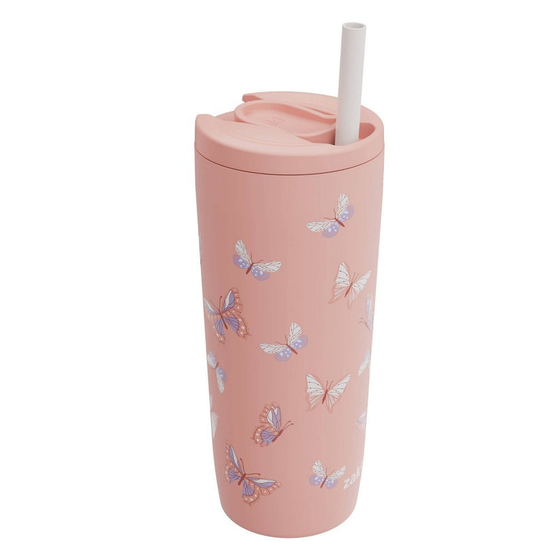 Zak Designs 20 fl oz Stainless Steel Butterfly Print Straw Tumbler Purple