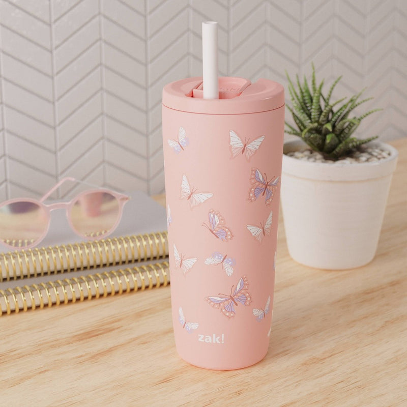 Zak Designs 20 fl oz Stainless Steel Butterfly Print Straw Tumbler Purple