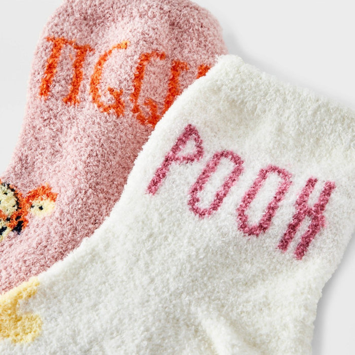 Women's Disney Winnie The Pooh 2pk Cozy Ankle Socks - Ivory/Pink 4-10