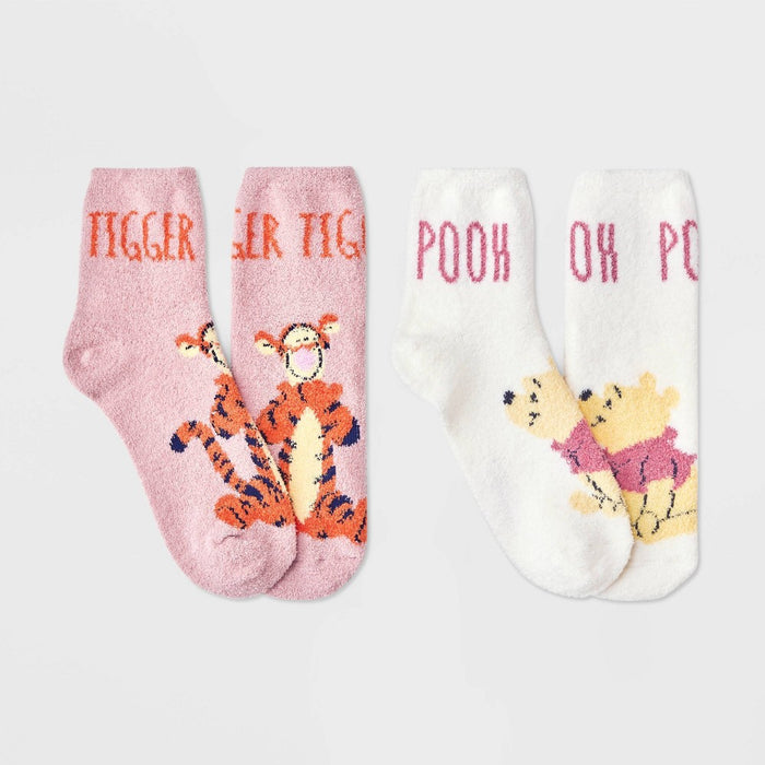 Women's Disney Winnie The Pooh 2pk Cozy Ankle Socks - Ivory/Pink 4-10
