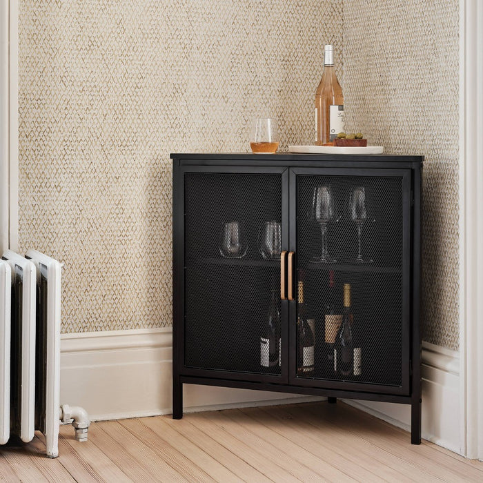 Mesh Corner Cabinet Black - Threshold: Sleek Metal Storage with Golden Handles, V-Shaped Design (LOCAL PICKUP ONLY)