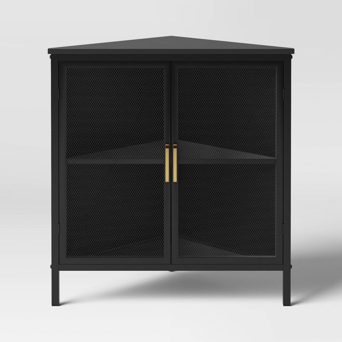 Mesh Corner Cabinet Black - Threshold: Sleek Metal Storage with Golden Handles, V-Shaped Design (LOCAL PICKUP ONLY)