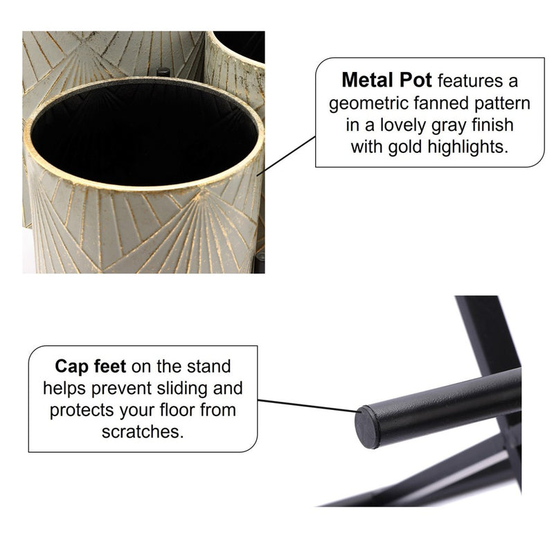 LuxenHome Set of 3 Gray and Gold Metal Cachepot Planters with Black Stand (LOCAL PICKUP ONLY)