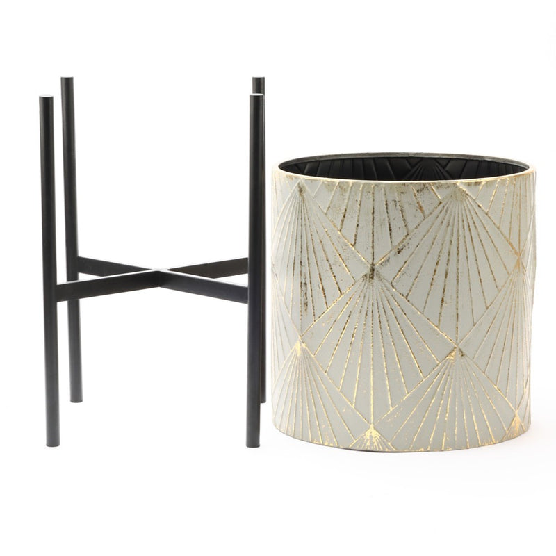 LuxenHome Set of 3 Gray and Gold Metal Cachepot Planters with Black Stand (LOCAL PICKUP ONLY)