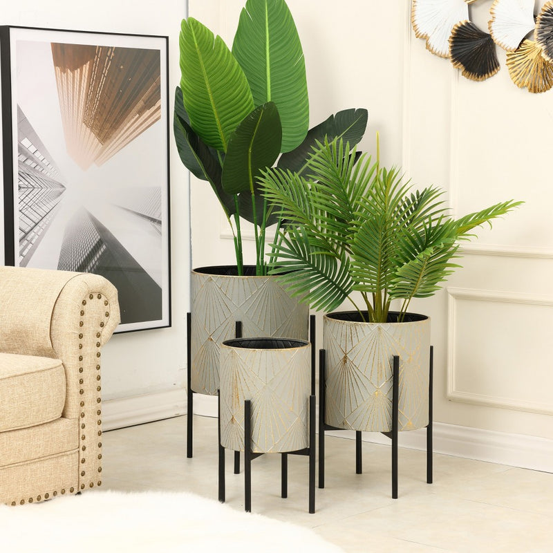 LuxenHome Set of 3 Gray and Gold Metal Cachepot Planters with Black Stand (LOCAL PICKUP ONLY)