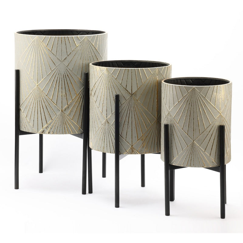 LuxenHome Set of 3 Gray and Gold Metal Cachepot Planters with Black Stand (LOCAL PICKUP ONLY)