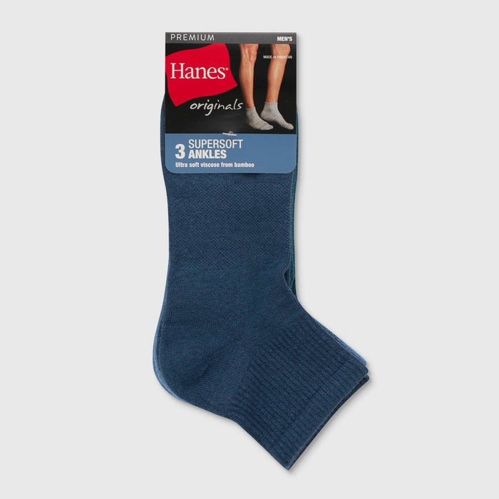 Hanes Originals Premium Men's SuperSoft Ankle Socks 3pk - Navy/Teal 6-12