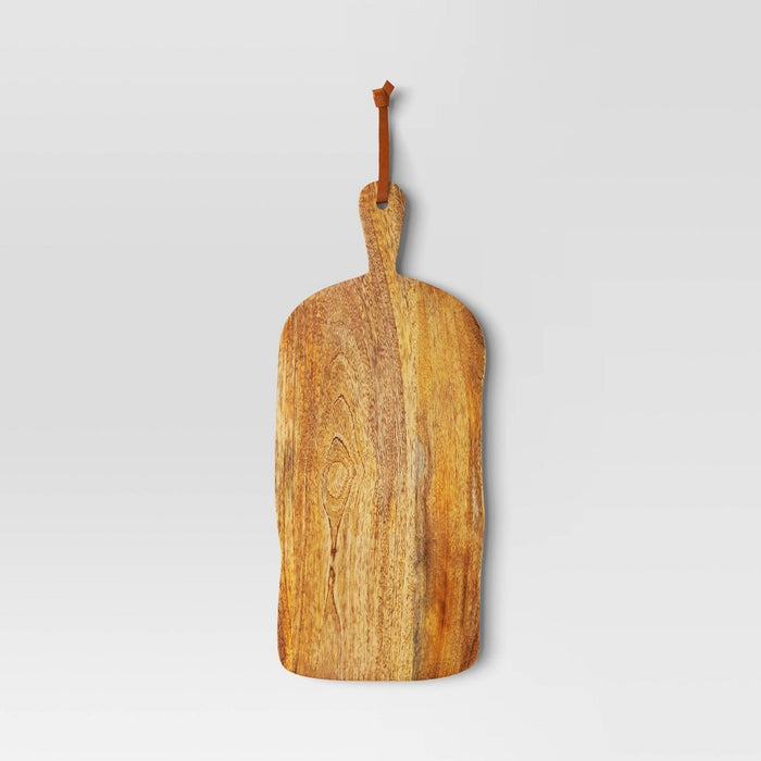 Mango Wood Rectangle Serving Tray with leather Knotted Loop Brown - Threshold