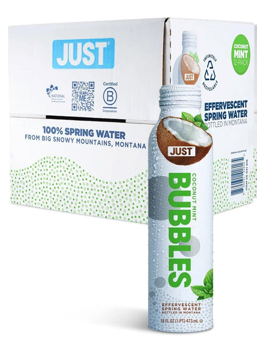 JUST Bubbles Coconut Mint - Pure Premium Sparkling Spring Water In A Fully Recyclable Reusable Eco-Friendly Bottle - 100% Mountain-Sourced Carbonated Water With Naturally Occurring Minerals, 16 Fl Oz (Pack Of 12)