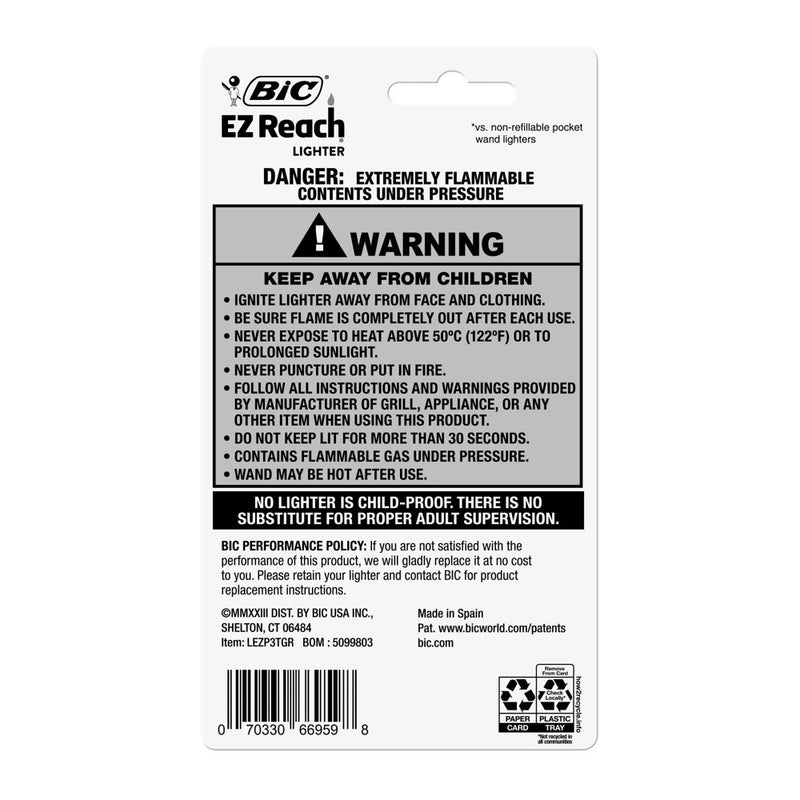 BiC EZ Reach 3pk Lighters: Up to 50% More Lights, Child-Resistant, Multipurpose Use, Butane Powered