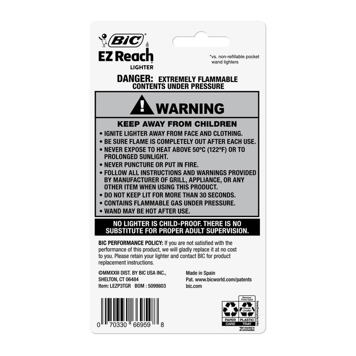 BiC EZ Reach 3pk Lighters: Up to 50% More Lights, Child-Resistant, Multipurpose Use, Butane Powered