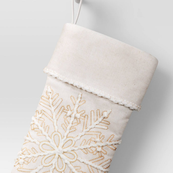 20" Embroidered Metallic Snowflakes Christmas Stocking Cream - Wondershop
