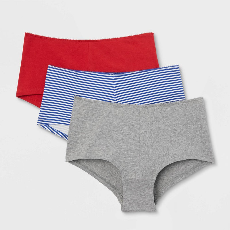 Women's 3pk Boy Shorts - Colsie Blue/Red/Heathered Gray M