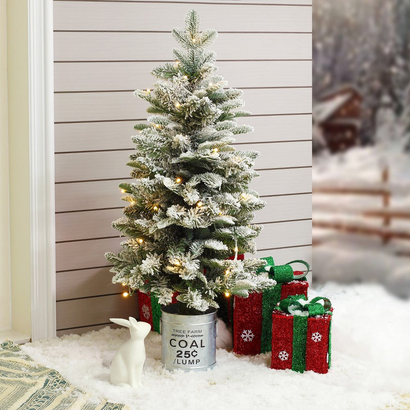 LuxenHome 3' Pre-Lit LED Artificial Flocked Fir Christmas Tree with Metal Pot Off-White (LOCAL PICKUP ONLY)