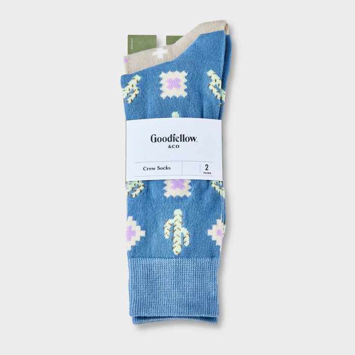 Men's Cactus Print Novelty Crew Socks 2pk - Goodfellow & Co Blue 7-12