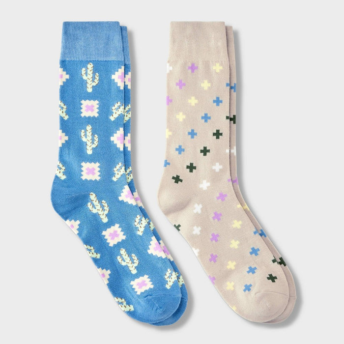 Men's Cactus Print Novelty Crew Socks 2pk - Goodfellow & Co Blue 7-12