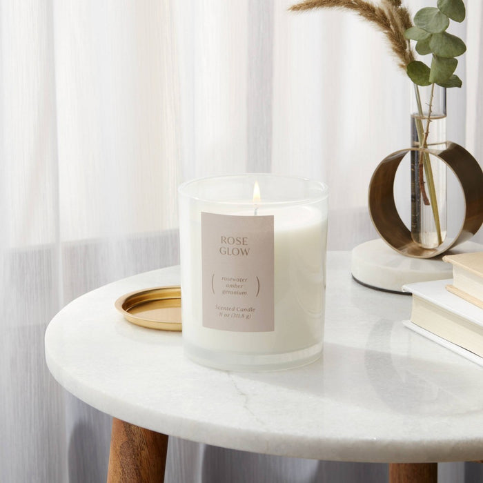 1-Wick 11oz Glass Jar Candle Rose Glow - Threshold: Soy & Paraffin Wax, Geranium Amber Scent, 35hr Burn Time
