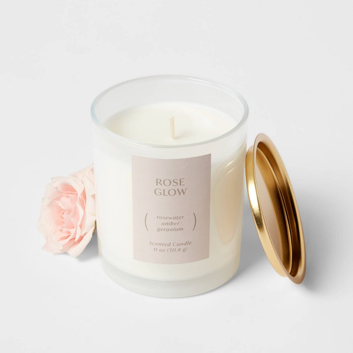 1-Wick 11oz Glass Jar Candle Rose Glow - Threshold: Soy & Paraffin Wax, Geranium Amber Scent, 35hr Burn Time