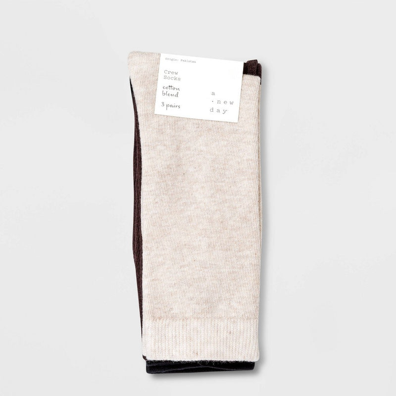 Women's 3pk Crew Socks - A New Day Black/Brown/Cream 4-10