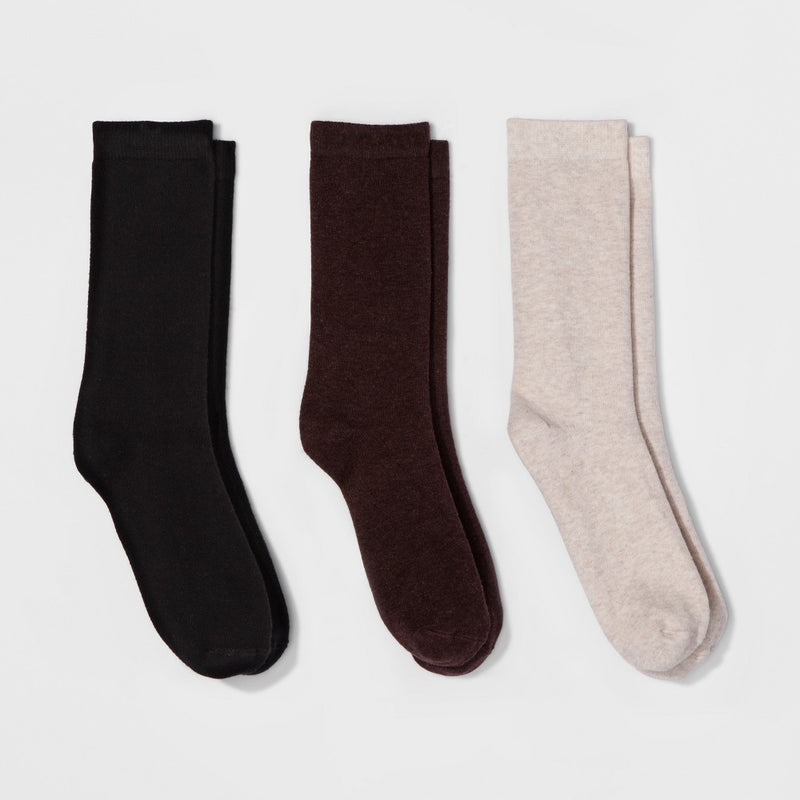 Women's 3pk Crew Socks - A New Day Black/Brown/Cream 4-10