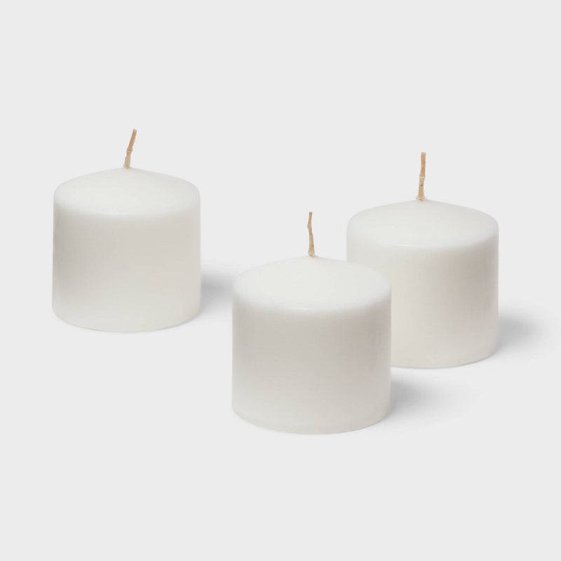 3" x 3" 3pk Unscented Pillar Candle Set White - Room Essentials: Paraffin Wax, 30hr Burn Time