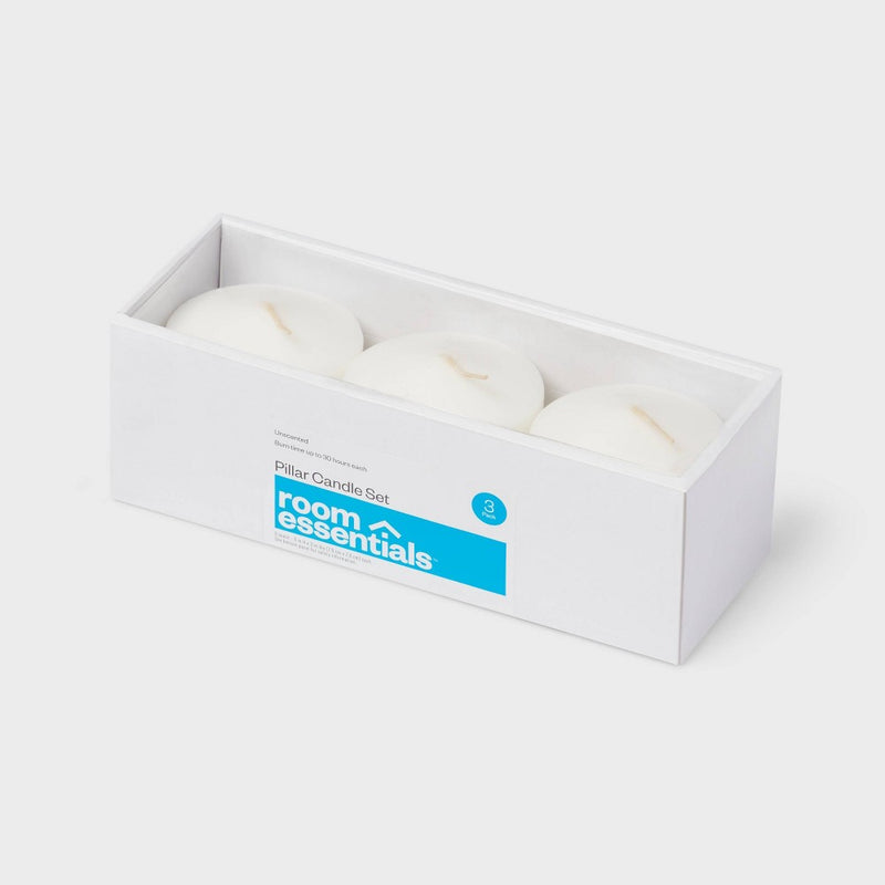 3" x 3" 3pk Unscented Pillar Candle Set White - Room Essentials: Paraffin Wax, 30hr Burn Time