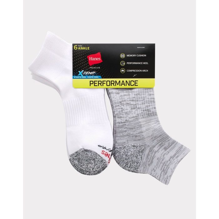 Hanes Premium Men's Performance Filament Ankle Socks 6pk - White/Gray 6-12
