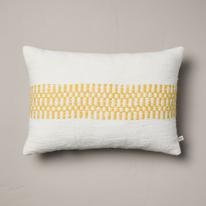 14"x20" Checkered Stripe Indoor/Outdoor Lumbar Throw Pillow Cream/Gold - Hearth & Hand with Magnolia