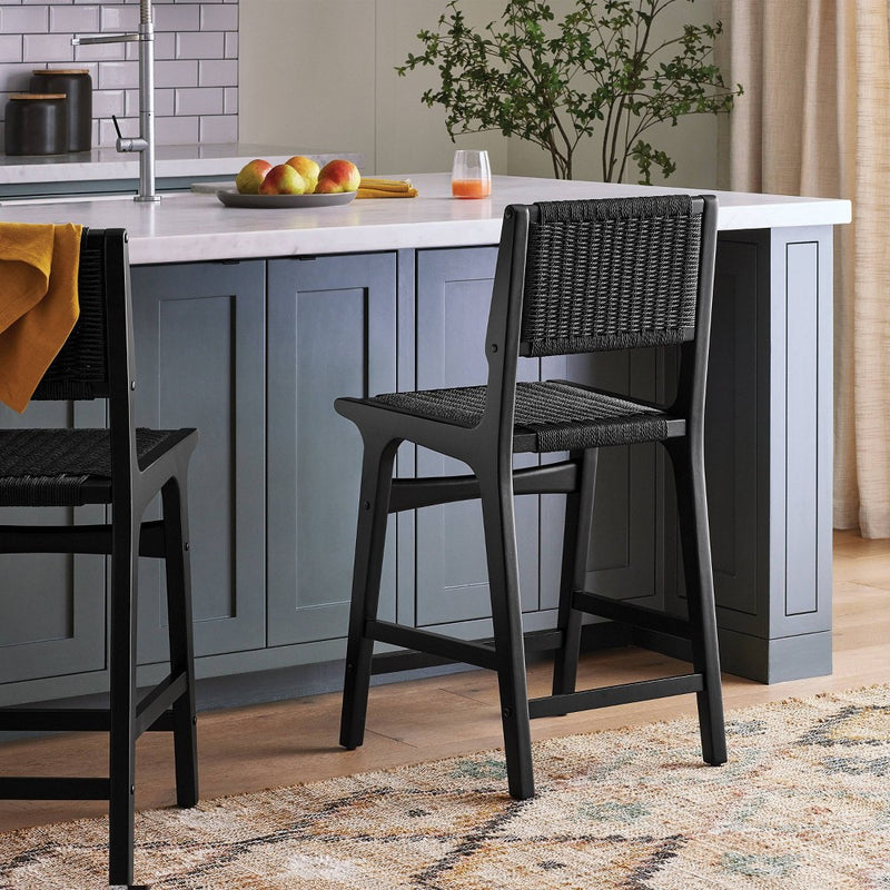 Ceylon Woven Counter Height Barstool Black - Threshold: Rubberwood Frame, Metal Hardware, Fixed 24" Seat Height (LOCAL PICKUP ONLY)