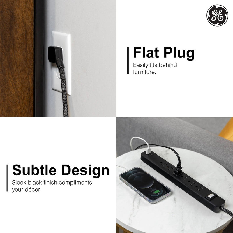GE 6-Outlet Power Strip 1 USB-A 1 USB-C 15W Shared 6' Braided Cord Black