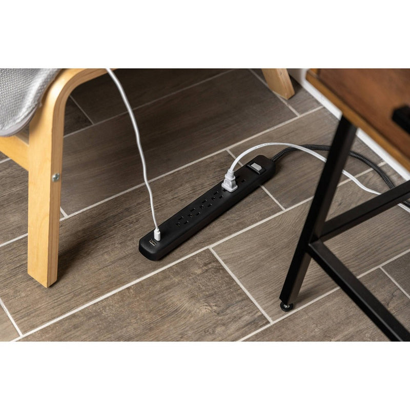 GE 6-Outlet Power Strip 1 USB-A 1 USB-C 15W Shared 6' Braided Cord Black