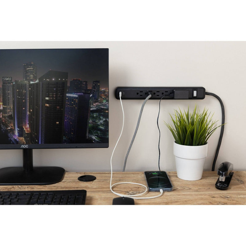 GE 6-Outlet Power Strip 1 USB-A 1 USB-C 15W Shared 6' Braided Cord Black