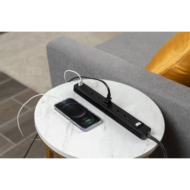 GE 6-Outlet Power Strip 1 USB-A 1 USB-C 15W Shared 6' Braided Cord Black