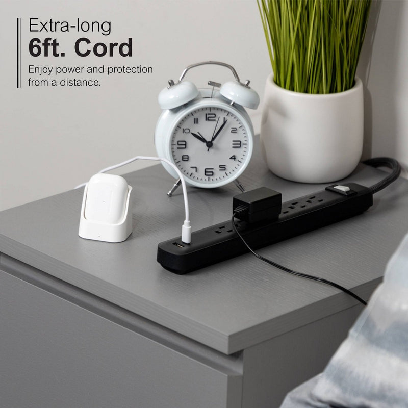 GE 6-Outlet Power Strip 1 USB-A 1 USB-C 15W Shared 6' Braided Cord Black