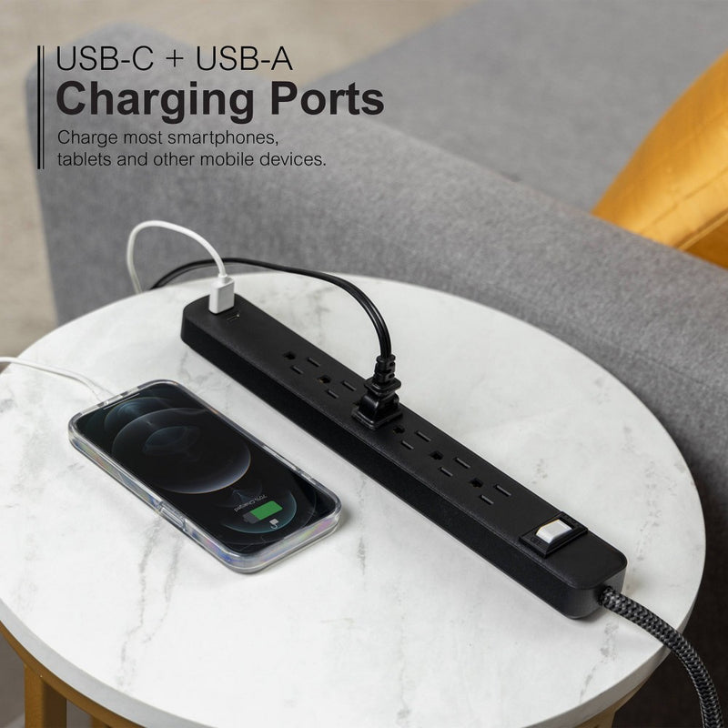 GE 6-Outlet Power Strip 1 USB-A 1 USB-C 15W Shared 6' Braided Cord Black