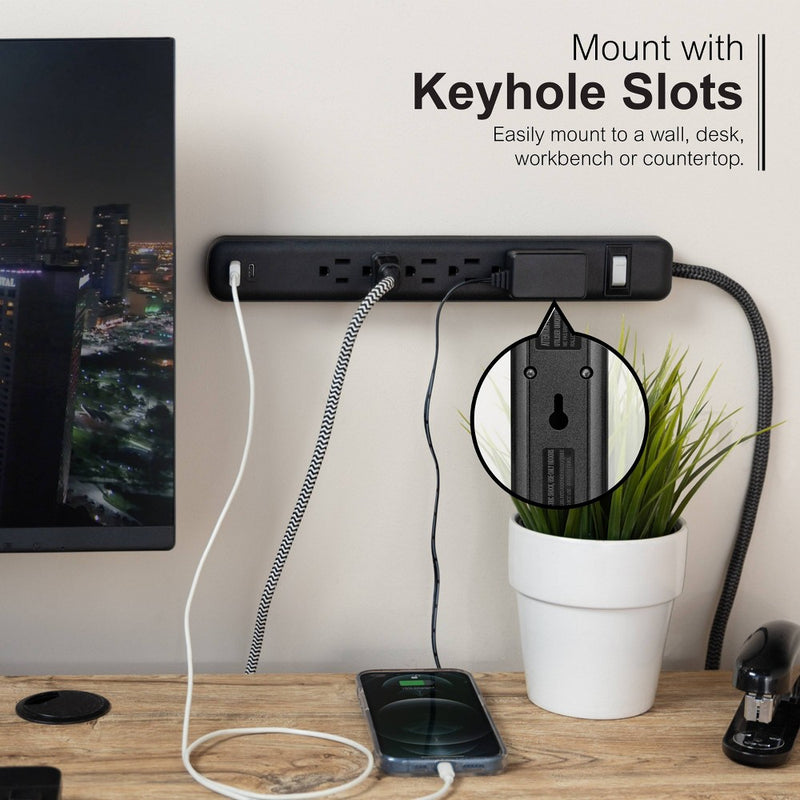 GE 6-Outlet Power Strip 1 USB-A 1 USB-C 15W Shared 6' Braided Cord Black