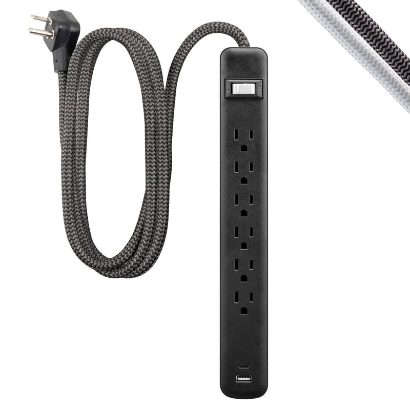 GE 6-Outlet Power Strip 1 USB-A 1 USB-C 15W Shared 6' Braided Cord Black