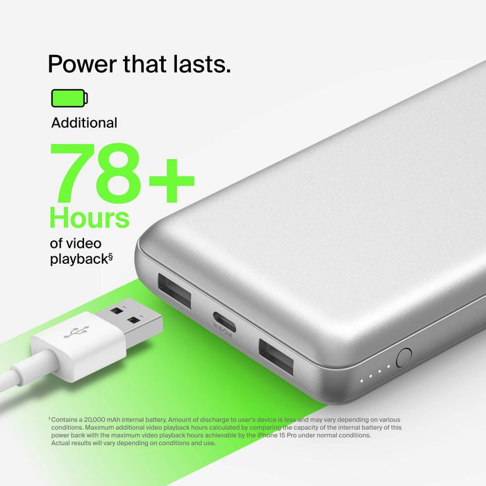Belkin 20000mAh Power Bank 15W USB-A + USB-C - Silver