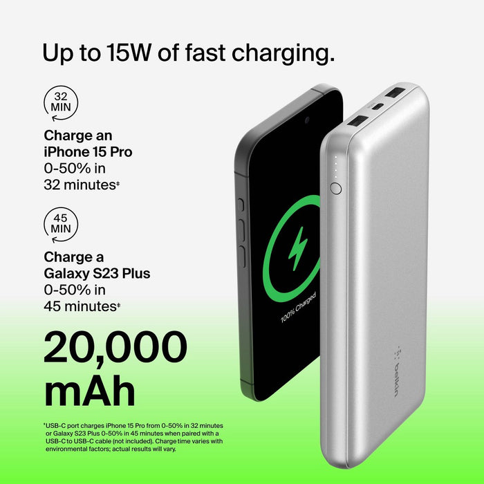 Belkin 20000mAh Power Bank 15W USB-A + USB-C - Silver