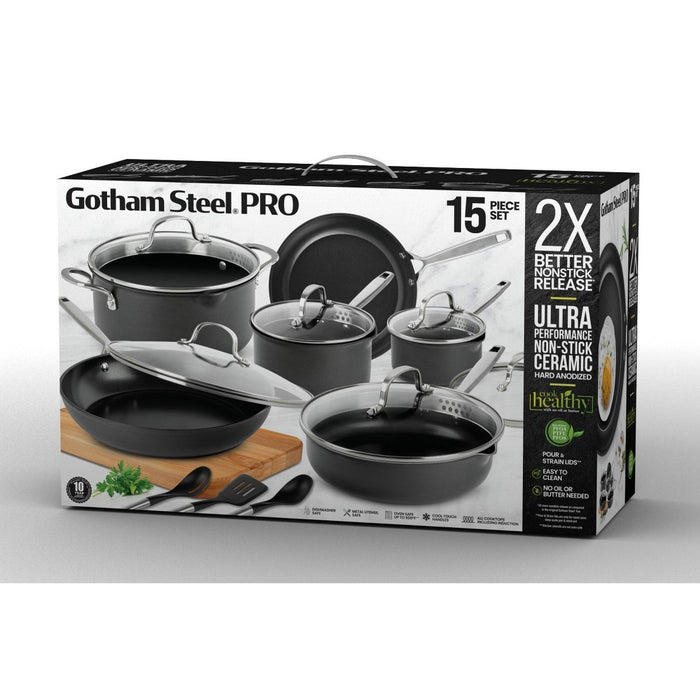 Gotham Steel Pro 2x Nonstick 15pc Hard Anodized Aluminum Ceramic Cookware Set