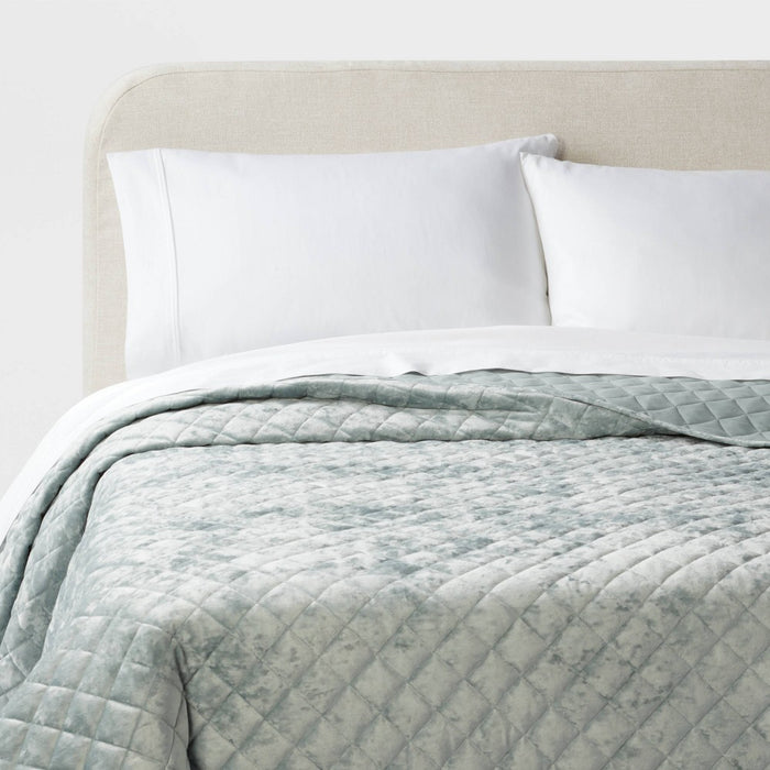 King Luxe Diamond Stitch Velvet Quilt Light Teal Green - Threshold: OEKO-TEX Certified, Machine Washable, Year-Round Comfort